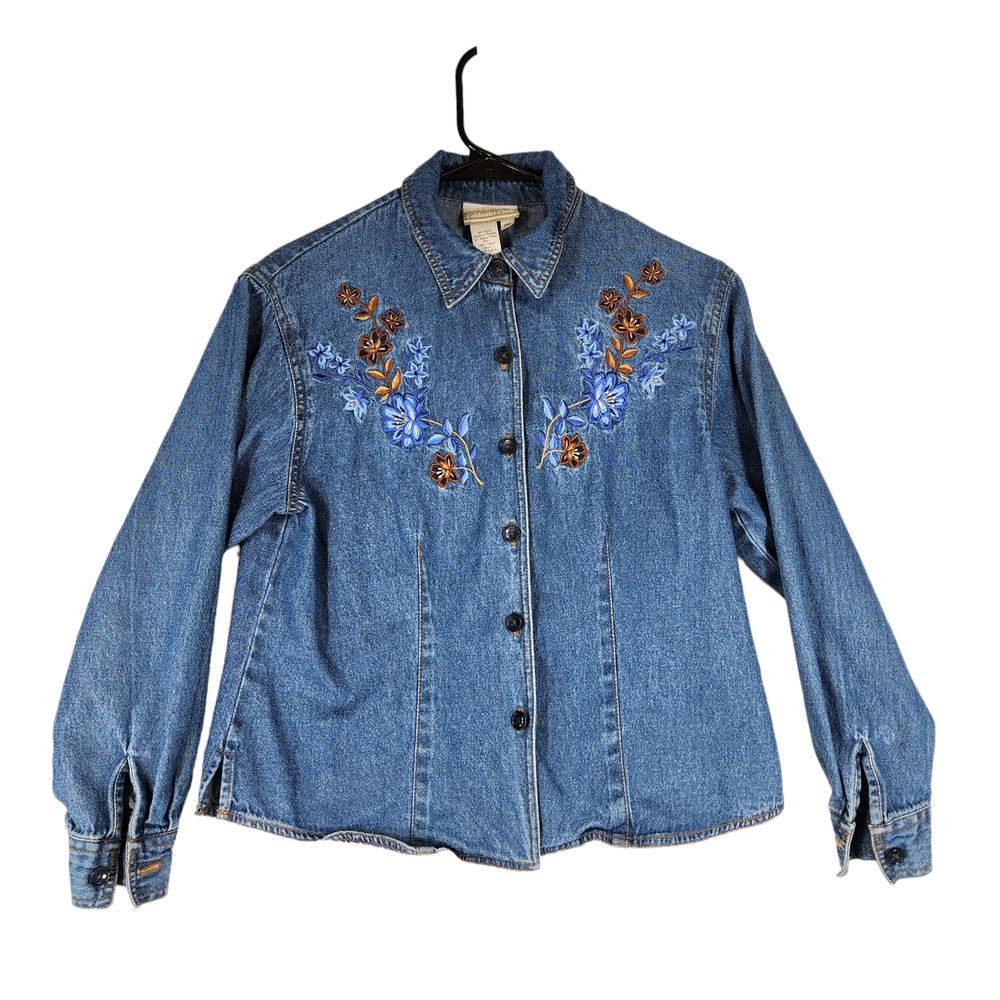 Coldwater Creek Denim Shirt Jacket Shacket sz P6 Women Blue Embroidered Flowers